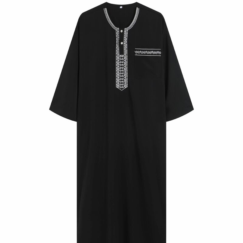 Kaftan bordado manga comprida em o pescoço masculino, robe árabe, moda muçulmana Abaya, festa casual Jubba Thobe, Dubai Turquia
