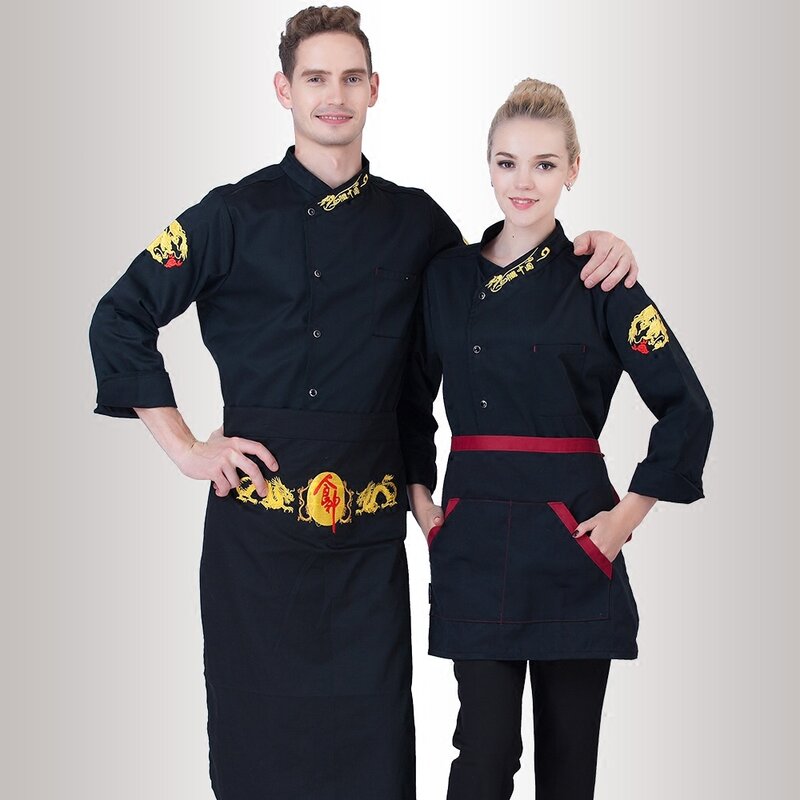 ฤดูใบไม้ร่วง/ฤดูหนาวแขนยาว Chef เสื้อโค้ท + ผ้ากันเปื้อนยุโรป Workwear Uk เสื้อผ้าปักโรงแรม Pakaian Memasak ราคาถูกเสื้อ