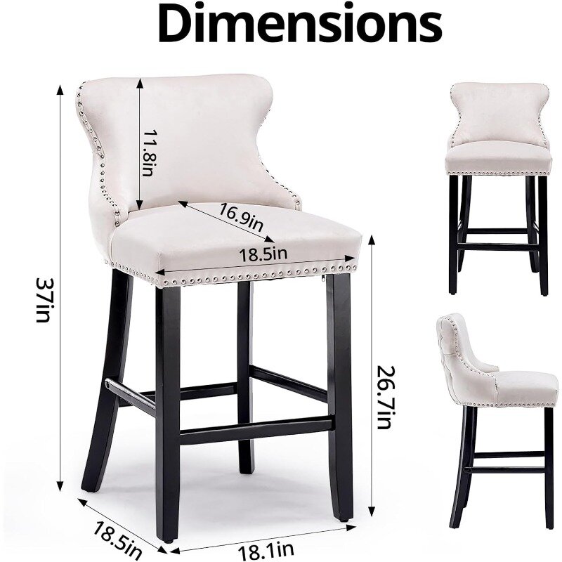 Bar Stools Set of 4 Counter Height, Velvet Upholstered Barstools with Solid Wood Legs, Button Tufted and Nailheads Trim