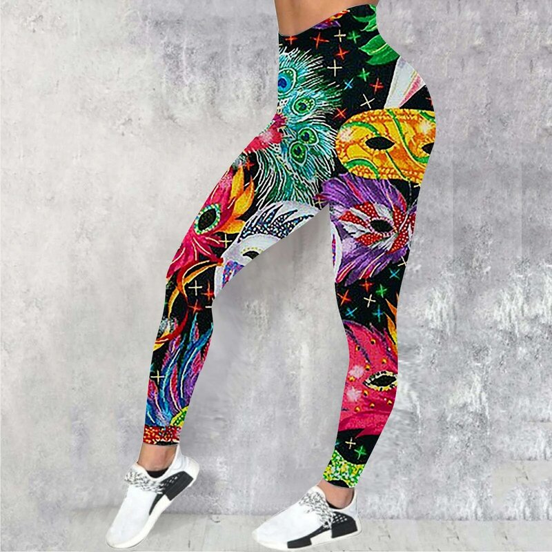 Damskie karnawałowe kolorowe piórka z nadrukiem casualowe sportowe spodnie do jogi modne legginsy spodenki damskie podnoszenie pośladków