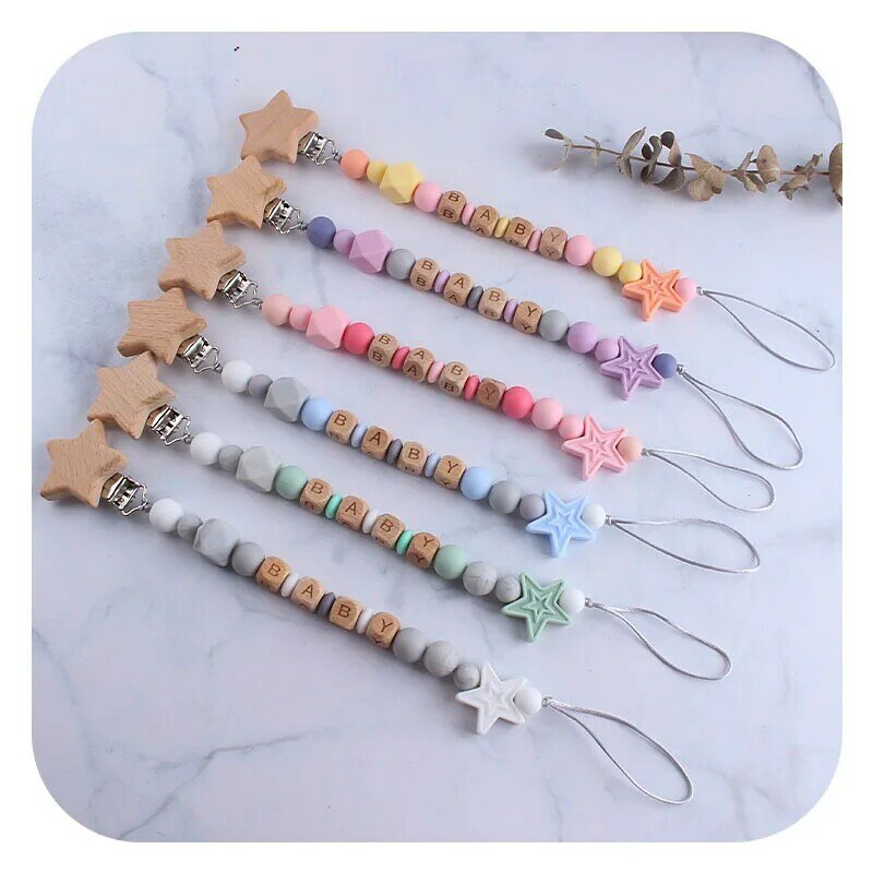 Personalized Name Baby Pacifier Clips Silicone Safe Anti-drop Chain Infant Pentagonal Star Teething Toy Nipple Dummy Holder Clip