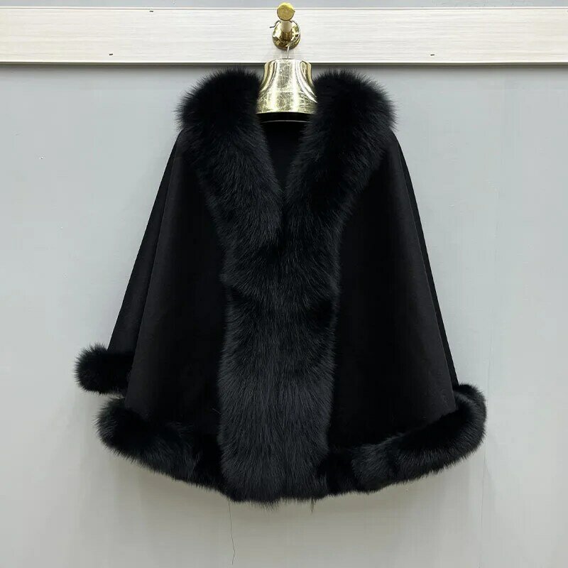 Chaqueta de lana 2023 para mujer, chal cálido con cuello de piel de zorro Real, Ponchos, prendas de vestir, otoño e invierno, 100%