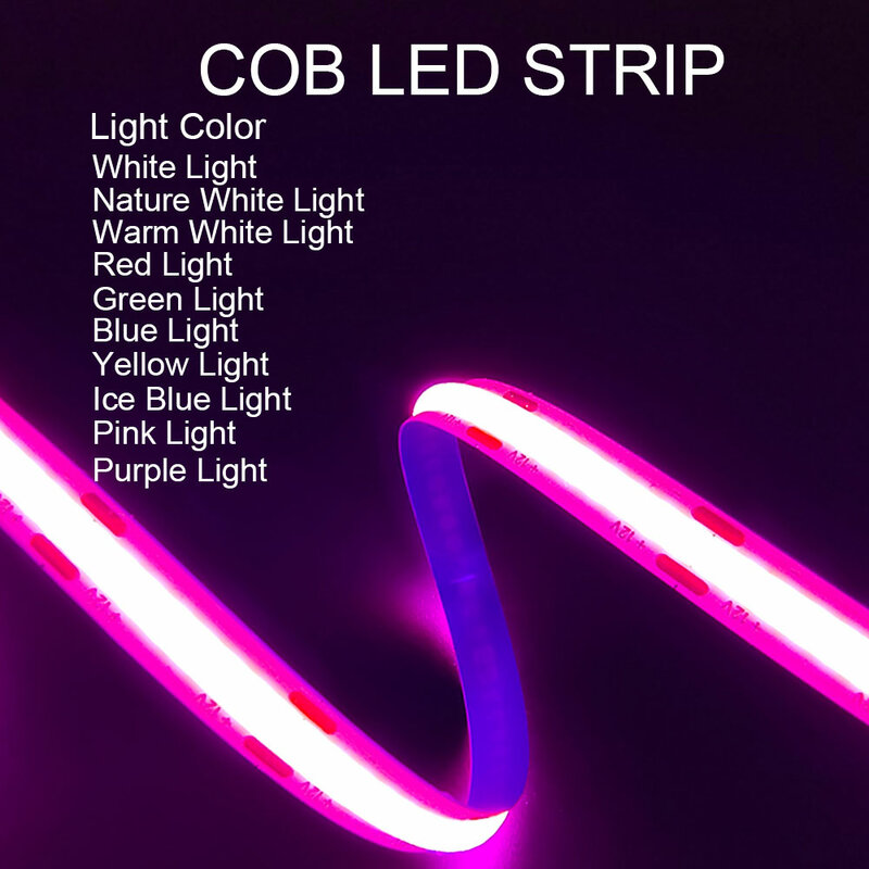 Cob Led Strip Lights 12V 24V 320Leds/M Flexibele Fob Led Tape Warm Natuurlijk Wit Rood Blauw Groen Geel Roze Paars Verlichting Decor