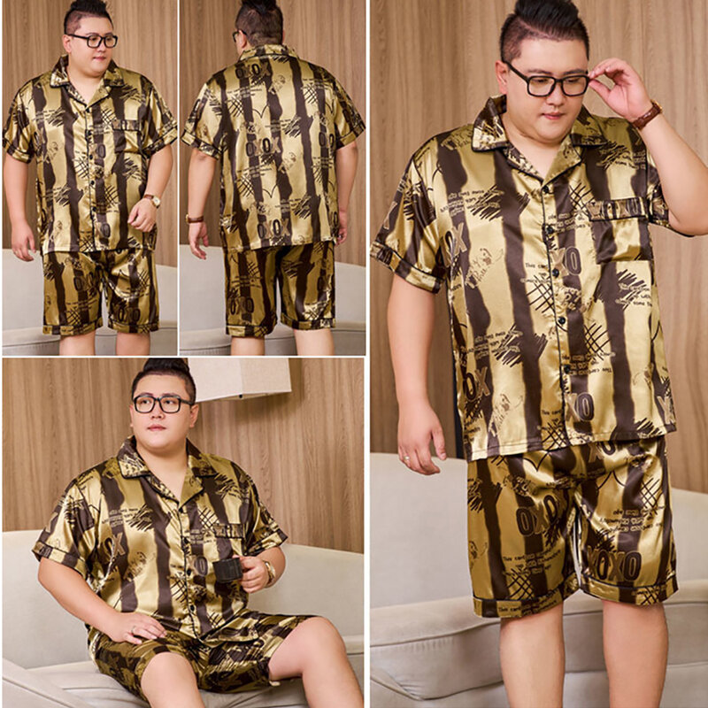 3XL-5XL For 165kg Big Size Men's Pajamas Summer Ice Silk Thin Breathable Male Sleepwear Casual Plaid Pajama Sets Pijama Hombre