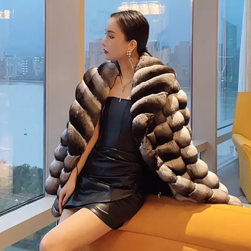 Jaqueta curta Real Rex Rabbit Fur para mulheres, Chinchilla Coat, marcas de luxo