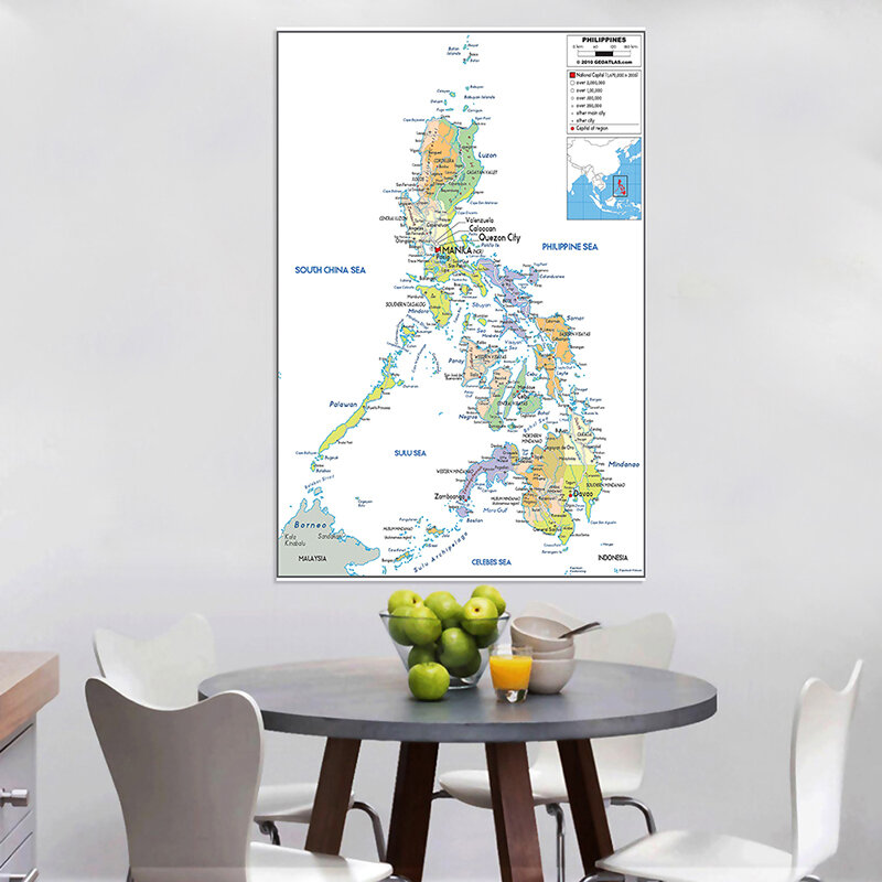 150*225cm Mapa de Filipinas en inglés, lienzo no tejido, impresión artística de pared, póster sin marco, decoración del hogar para sala de estar