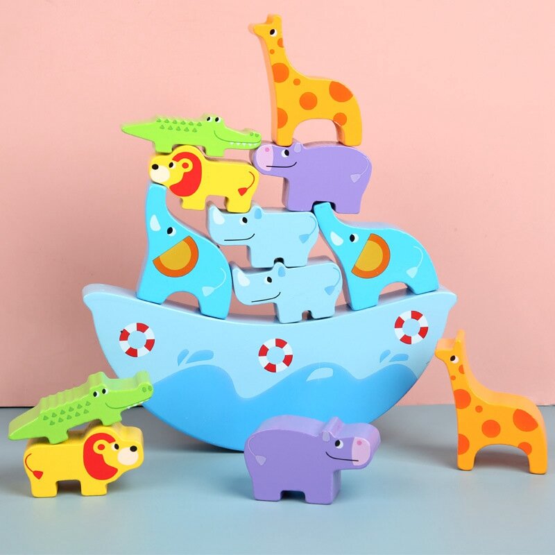 나무 균형 게임 쌓기 블록, 동물 방주 아기 유아 장난감, 어린이 유아용 빌딩 밸런스 게임