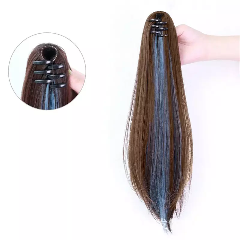 Synthetic Claw Clip Straight Ponytail, Blue Highlights, Long and Straight Ponytail Extension