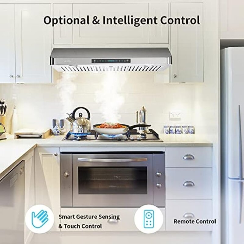4 Speed Gesture Sensing&Touch Control Panel, Stainless Steel Range Hood 30 inch with 2 Pcs Baffle Filters