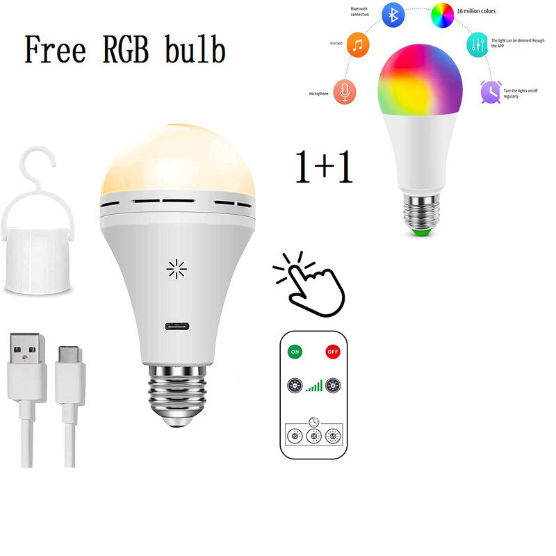 Bombilla LED recargable USB-C, bombilla con Control remoto, 5V, 7W, E27, batería inteligente, Control táctil, regulable, con temporizador