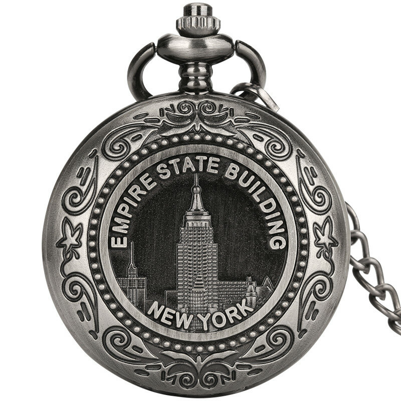 Antique Pendant Pocket Watch Chain Men Women Quartz Movement Clock New York Empire State Building Design Collectable Timepiece