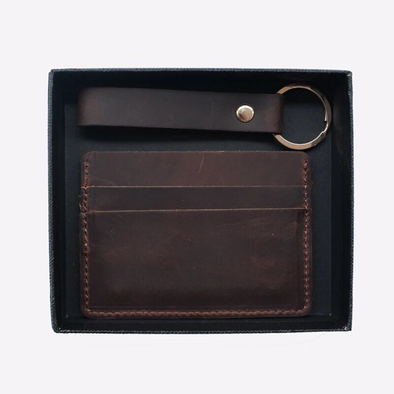Porte-cartes et porte-clés en cuir véritable, coffret cadeau, porte-cartes en cuir de cheval Elin