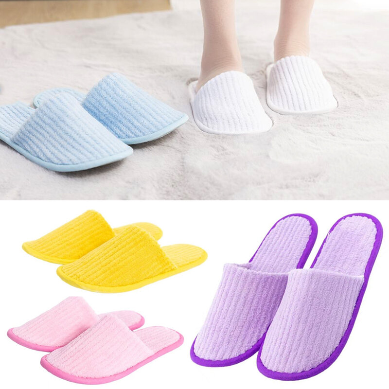 1 Pair Disposable Slippers Coral Fleece Soft Slippers Breathable All-Inclusive Stripe Slippers Solid Color Soft Hotel Slippers