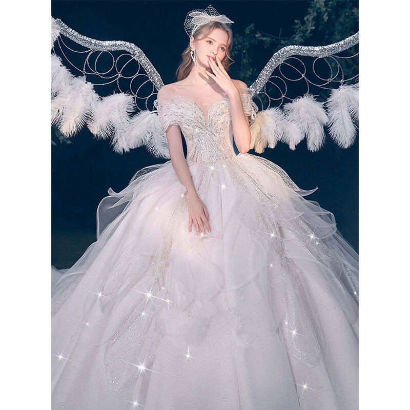 Gaun Pengantin Gaun Bola Impian Payet Mutiara Mewah Putri Gaun Pengantin Pernikahan Glitter Bahu Terbuka 2023 Jubah Wanita Gaun Pengantin