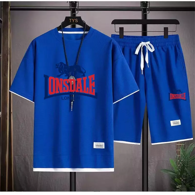 LONSDALE Summer Men T-Shirt and Shorts Sets Casual Solid Color Two Piece Set Men Waffle Fabric Tracksuit men's Fashion Clothing