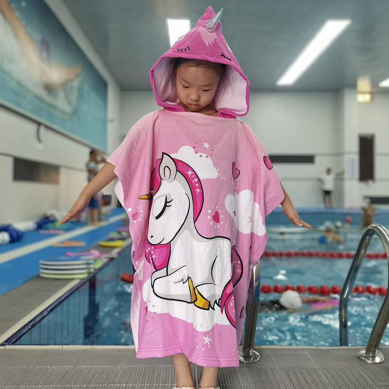 Cartoon Kids Swimming Microfiber Towel Hoodie Beach Robe Children Dinosaur Sport Wrap Cloth Boys Girls Water Park Unicorn Gown