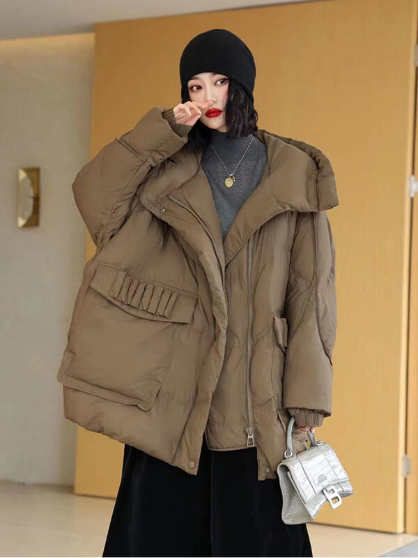 Down Jacket Women's New Fashion Winter White Duck Down Coat Drawstring Hooded Loose Puffer Feather Female Parkas Outwear