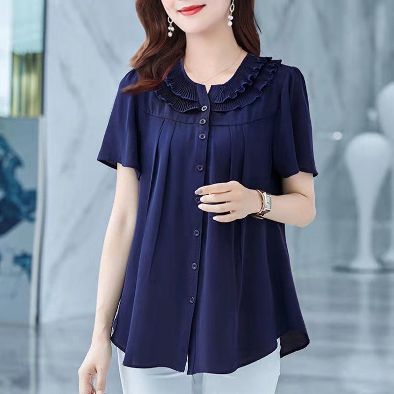Women Summer Ruffles Elegant Button Shirts Korean Fashion Round Neck Short Sleeve Solid Loose Blouse Casual Irregular Ladies Top