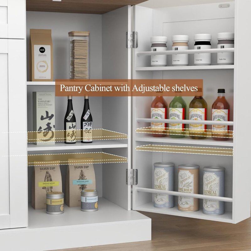 Aparador Buffet Cabinet com prateleiras ajustáveis, 2 gavetas, Farmhouse Kitchen Pantry Cabinet, Coffee Bar Armário