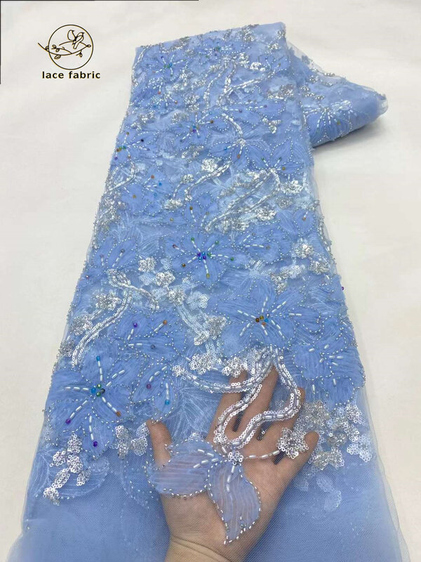 Tela de encaje con cuentas bordadas de malla francesa de lujo para mujer, lentejuelas nigerianas africanas, Material de costura para vestido de novia