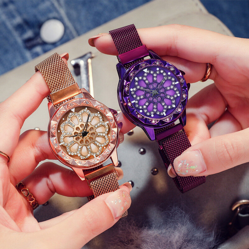 2022 różowe złoto obracanie kwiat zegarki Relogio Feminino moda diament magnetyczny zegar kwarcowy gorąca sprzedaż szczęśliwe kobiety zegarki