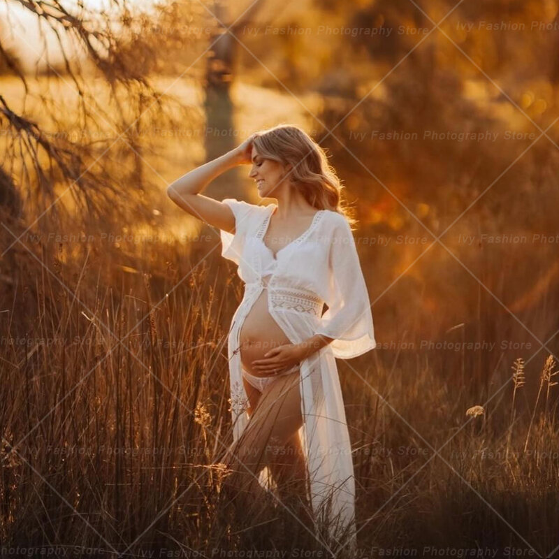 Vestido de maternidad de algodón con nudo de bambú para mujer, vestido bohemio de encaje para fotografía, suave y cómodo para el embarazo