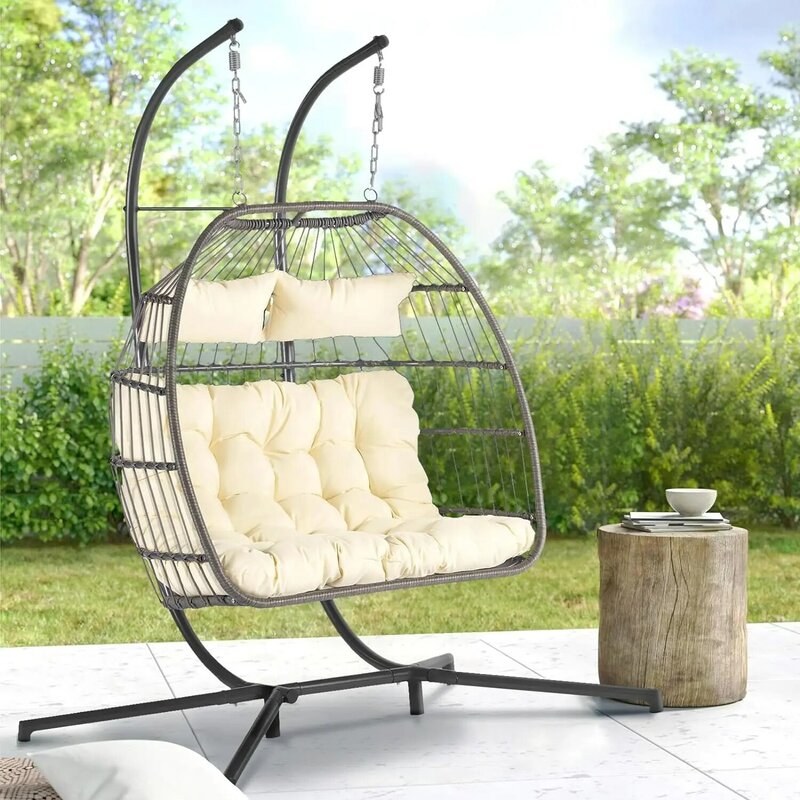 Double Swing Egg Chair with Stand for 2 Person, Indoor/Outdoor Oversized Foldable Wicker Hammock, Basket Hanging Chair with Cush