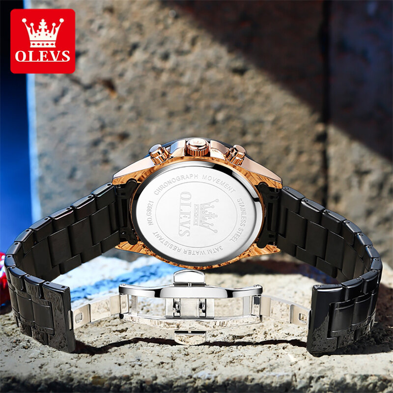 Desain asli OLEVS jam tangan kuarsa untuk pria, arloji tali baja hitam tanggal bercahaya tahan air untuk pria