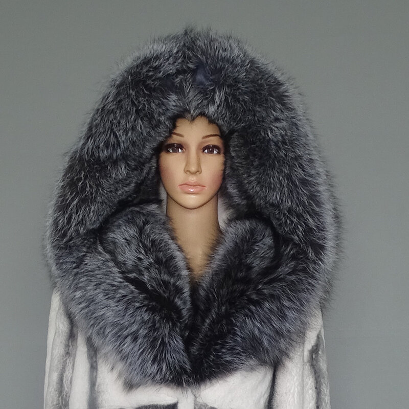 Zimowa damska prawdziwa naturalne futro królika długa płaszcz z prawdziwego futra duża srebrna kołnierz z futra lisa ciepła moda odzież wierzchnia