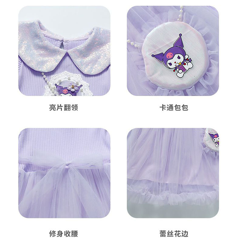 Vestido de Anime Sanrios de manga larga para niña, bonito vestido de princesa Kawaii Kuromi, moda de velo, primavera y otoño, ropa para niños