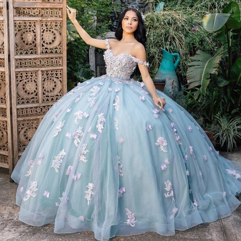 Vestidos de quinceañera con escote corazón mexicano, apliques florales 3D hechos a mano, lazo, Princesa de cumpleaños, Vestidos de baile formales XV, azul cielo