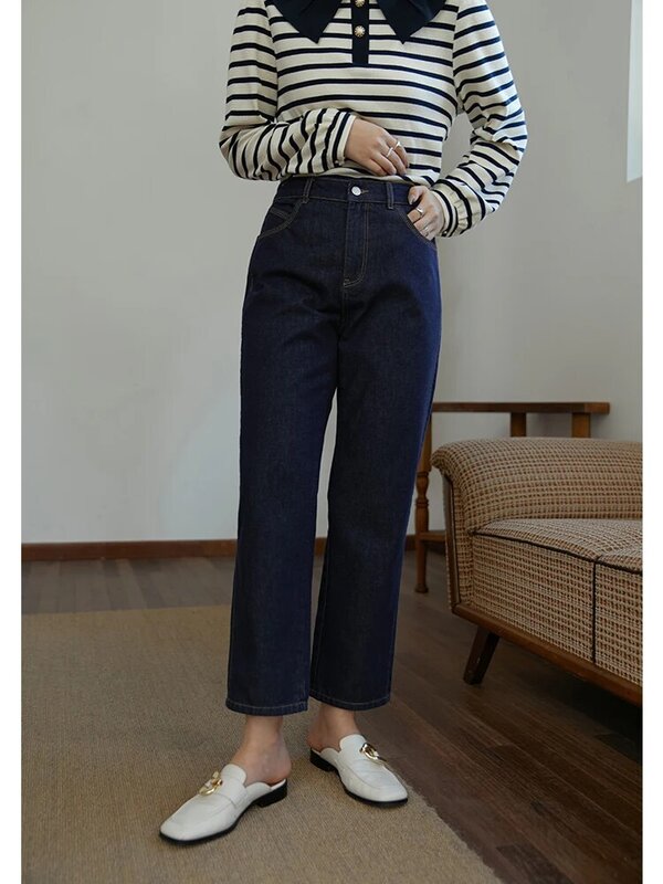 DUSHU – Jean taille haute pour femme, pantalon droit, couleur unie, Vintage, 100% coton, Denim, couleur unie, bleu foncé
