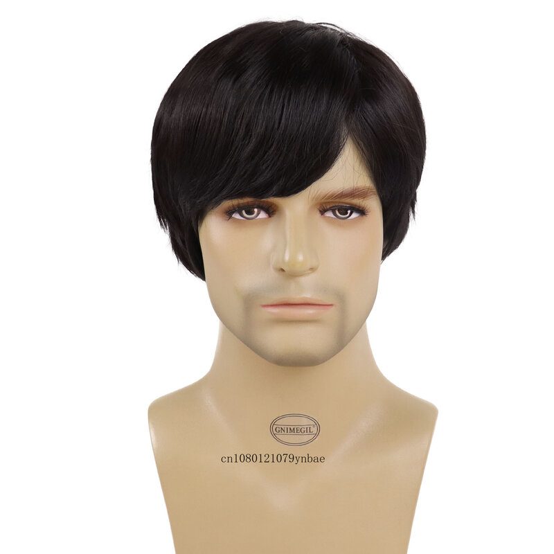 Short Black Wig Synthetic Layered Silky Straight Wigs with Bangs for Men Male Heat Resistant Fiber Natural Looking Costume Daily