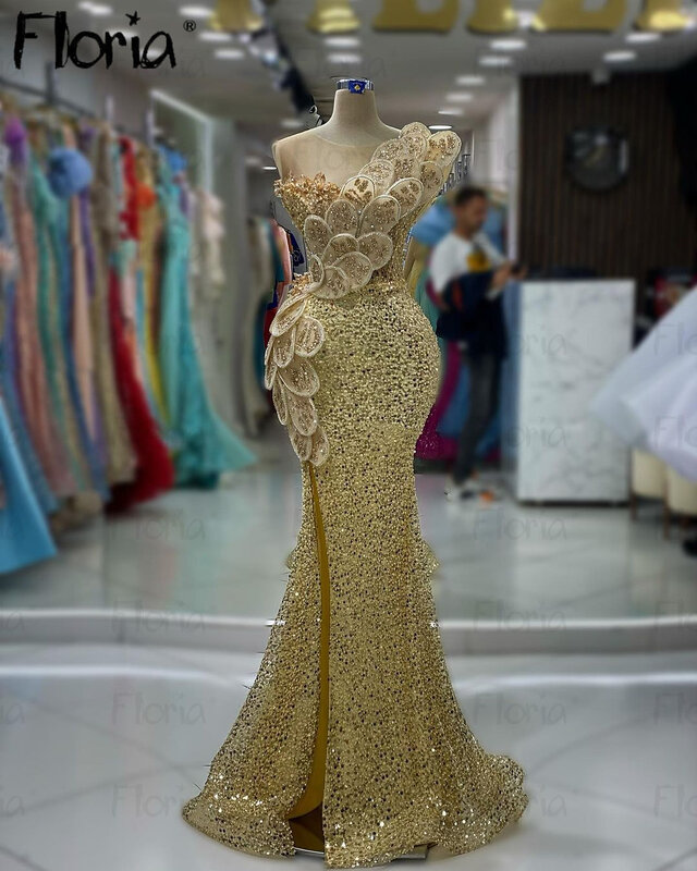 Dubai Long Mermaid Gold Evening Dress Aso Ebi Leaf Crystals Beads Engagement Party Gowns Luxury 2024 Robe Soirée Female Couture