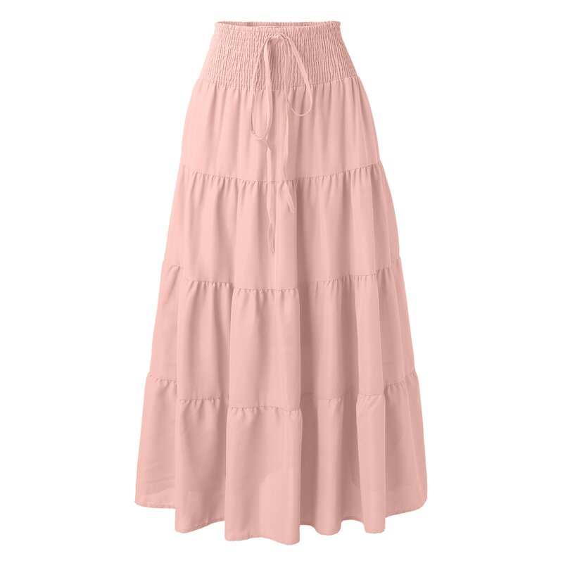 Женская Однотонная юбка-макси, плиссированная эластичная трапециевидная юбка с высокой талией, Повседневная элегантная летняя длинная юбка с рюшами для женщин