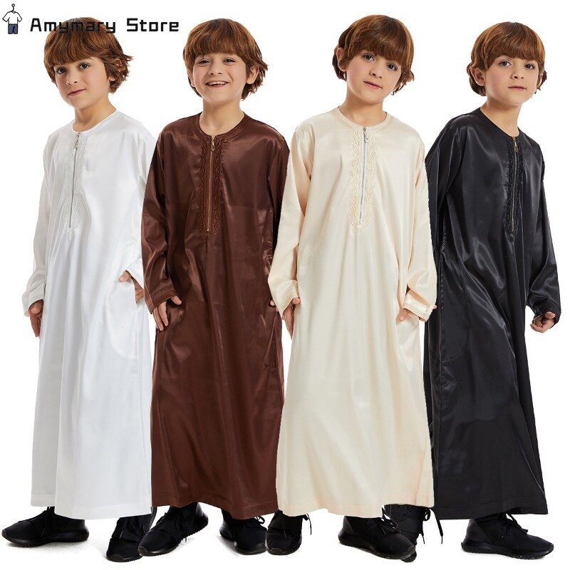 이슬람 어린이 가운, 중동 아랍 소년, 지퍼 프린트 라운드 넥, 긴팔 원피스 셔츠, 이슬람 가운 의류, 2024 신제품