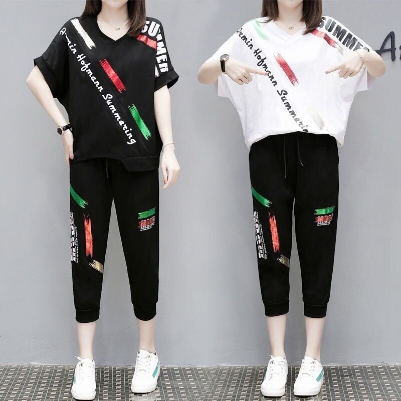 ชุดวอร์มแฟชั่น2ชิ้นสำหรับผู้หญิงชุด2ชิ้นเสื้อแขนสั้นและกางเกงสไตล์เกาหลีแบบใหม่ฤดูร้อน