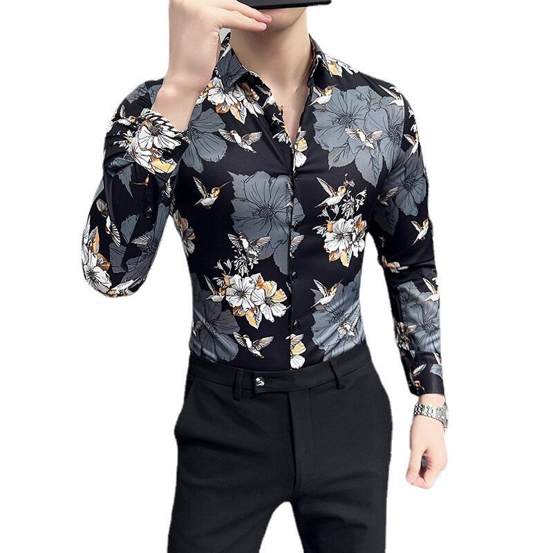 Camisa de manga comprida vintage slim fit masculina, estampa flores, preto, negócio, casual, luxo, primavera, novo, 6XL