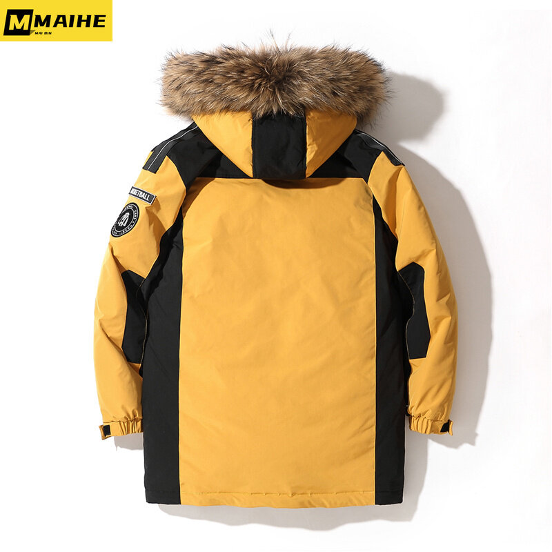 Jaket panjang bertudung kerah bulu musim dingin, jaket ski gunung pasangan, mantel hangat angsa putih modis versi Korea 2023