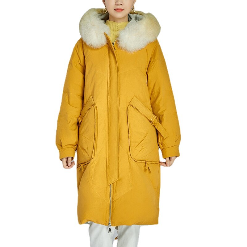 새로운 90 화이트 구스 다운 재킷 여성 패션 중간 길이 따뜻한 여우 모피 칼라 한국어 버전 거위 다운 후드, 여성 코트 2022
