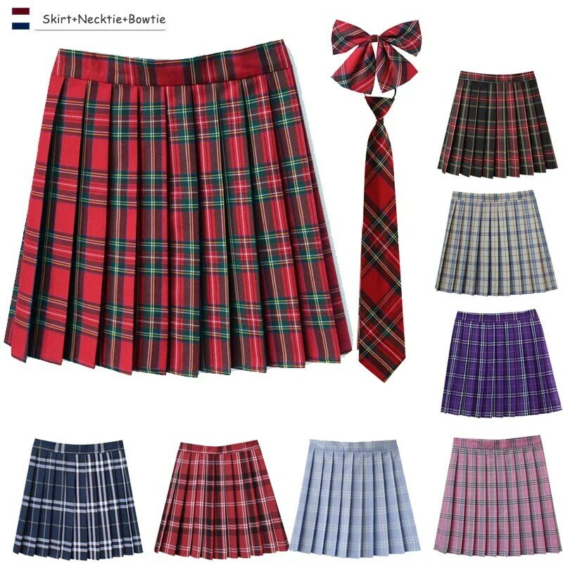 Girls Jk Skirt Uniform School Prepp Plaid Skirt with Tie College Wind Sweet High Waist Pleated Mini Skirt Women Cosplay Costume