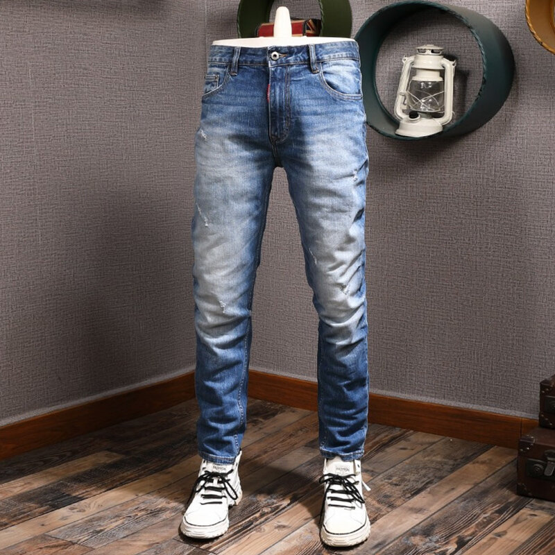 Europeu do vintage da forma dos homens jeans retro azul elástico fino ajuste rasgado calças de brim dos homens plain wash designer denim calças hombre
