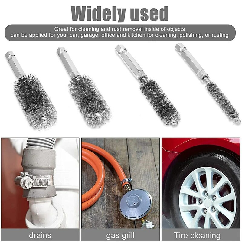 4pcs 8-19mm Wire Tube Machinery Cleaning Brush Paint Remover Stainless Steel Brush Metal Handle Chimney Washing Polishing Tools