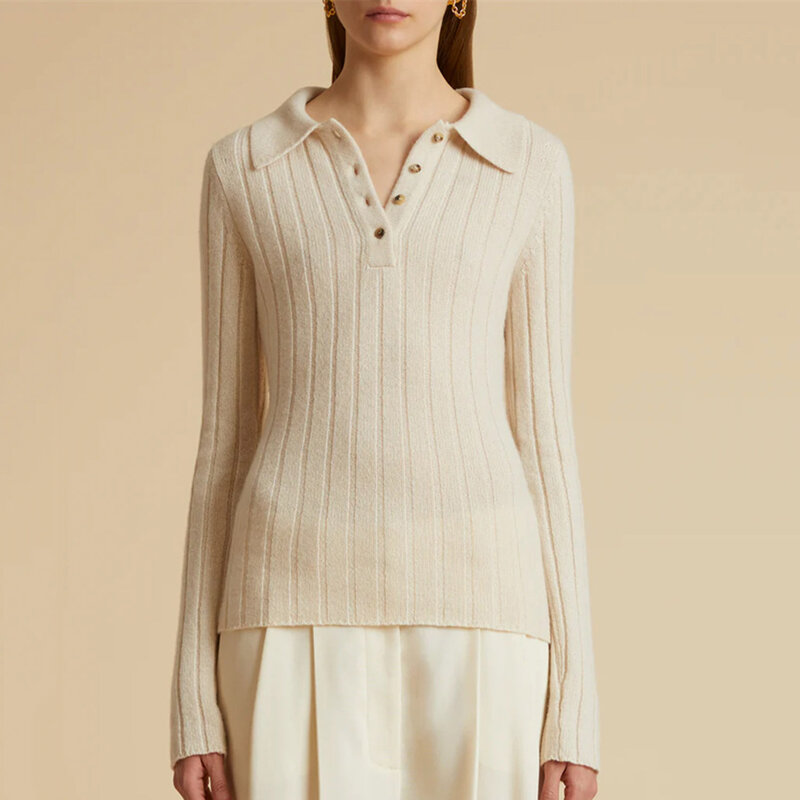 Suéter de lana cálido con solapa KH para mujer, Jersey Delgado, camisa de fondo de punto, modelos clásicos, otoño e invierno, nuevo
