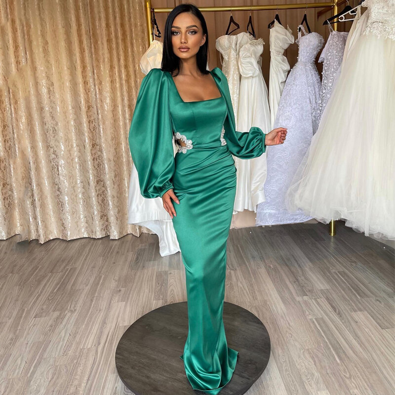 Thinyfull Formal Mermaid Prom Dresses Puff Sleeve Evening Dress Square Collar Saudi Arabia Dubai Cocktail Party Gowns Plus Size