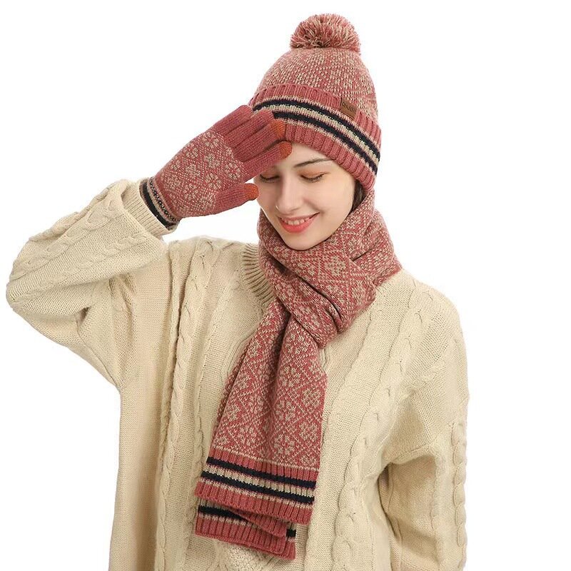 New winter warm suit acrylic knitted wool hat scarf three-piece set