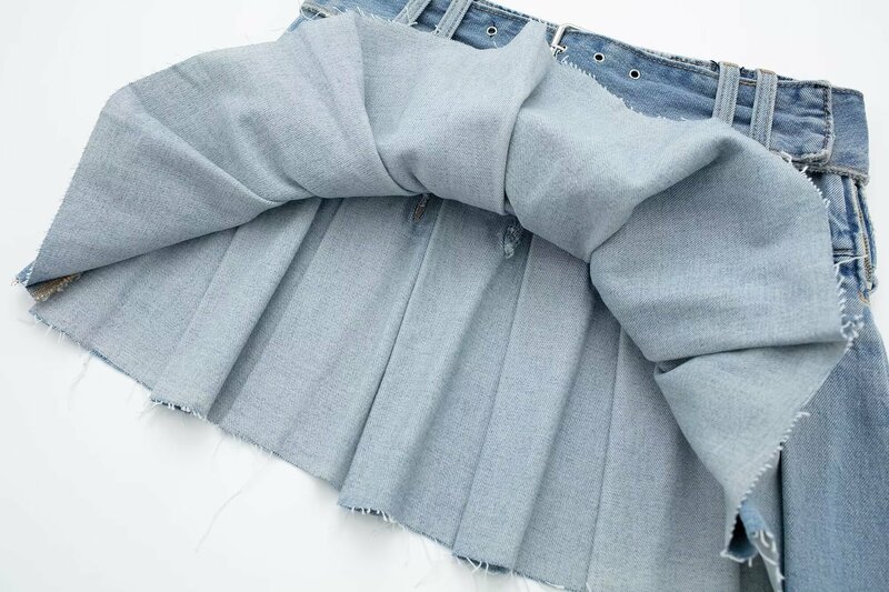 Minifalda de mezclilla plisada ancha para Mujer, falda de cintura alta, informal, versátil, elegante, decoración de cinturón, nueva moda