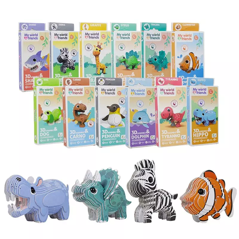 3D Paper Puzzle Animal Model Toy, Dinossauro encaixotado, Girafa, Hipopótamo, Tubarão, Ortografia engraçada, Treinamento Movimento Fino, Brinquedo Educativo