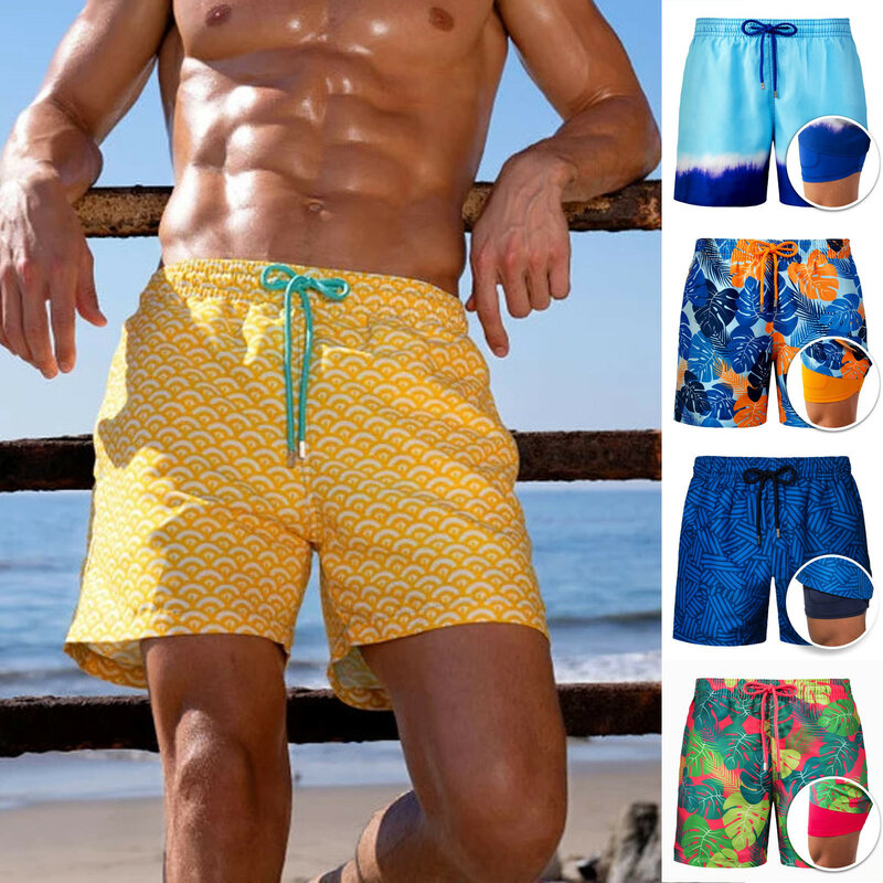 Мужские пляжные шорты, спортивные штаны с принтом, двухслойные шорты, лето 2024
