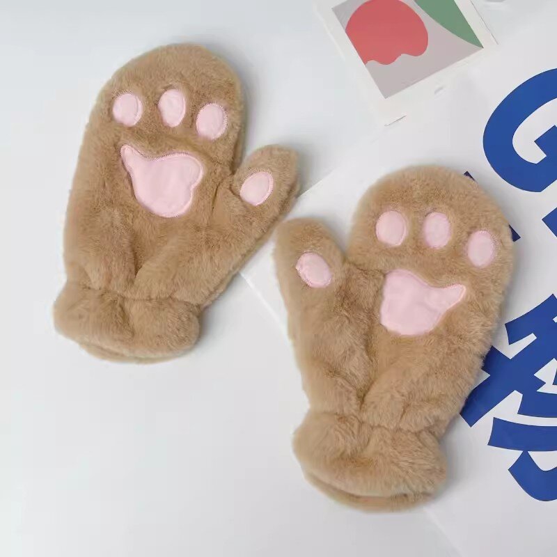 Damskie słodki kociak rękawiczki z pazurami pluszowe rękawiczki ciepłe miękki pluszowy krótkie puszyste niedźwiedzie rękawiczki dla kota kostium na pół palca przyjęcie